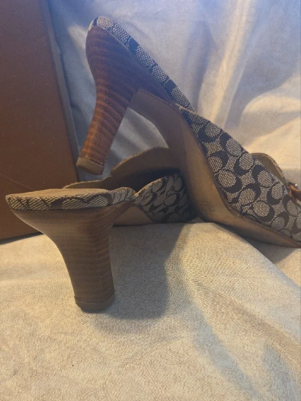 Coach Brown Signature Monogram Slip-On Mules with Tan Strap